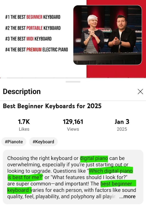 pianote youtube description containing target keywords