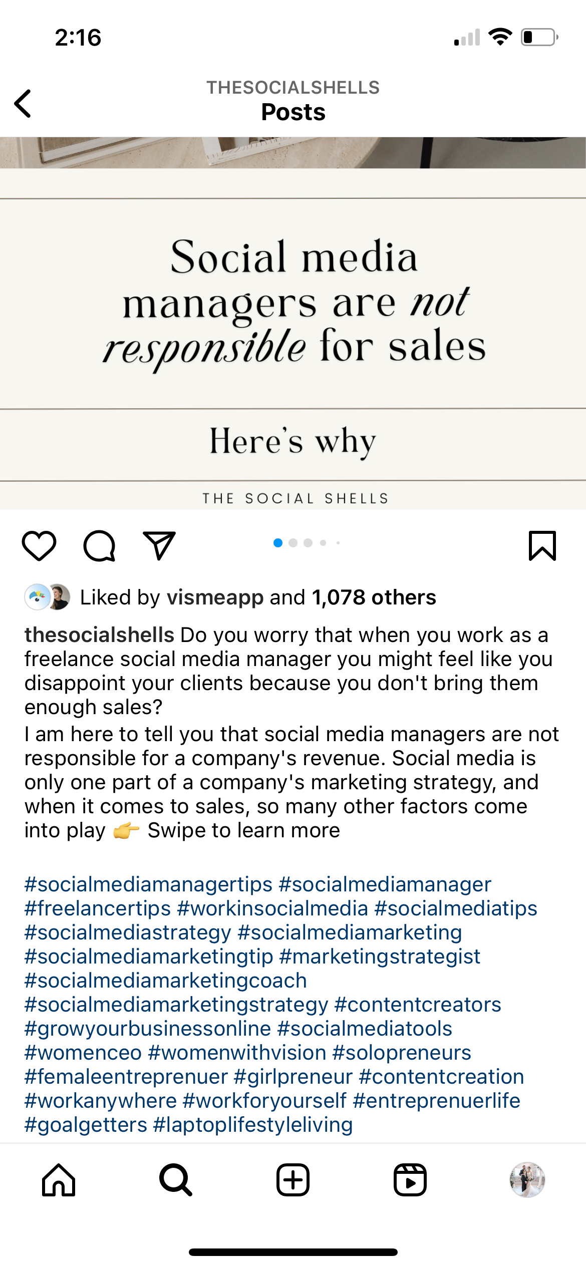 A screenshot of an Instagram post with hashtags in the caption