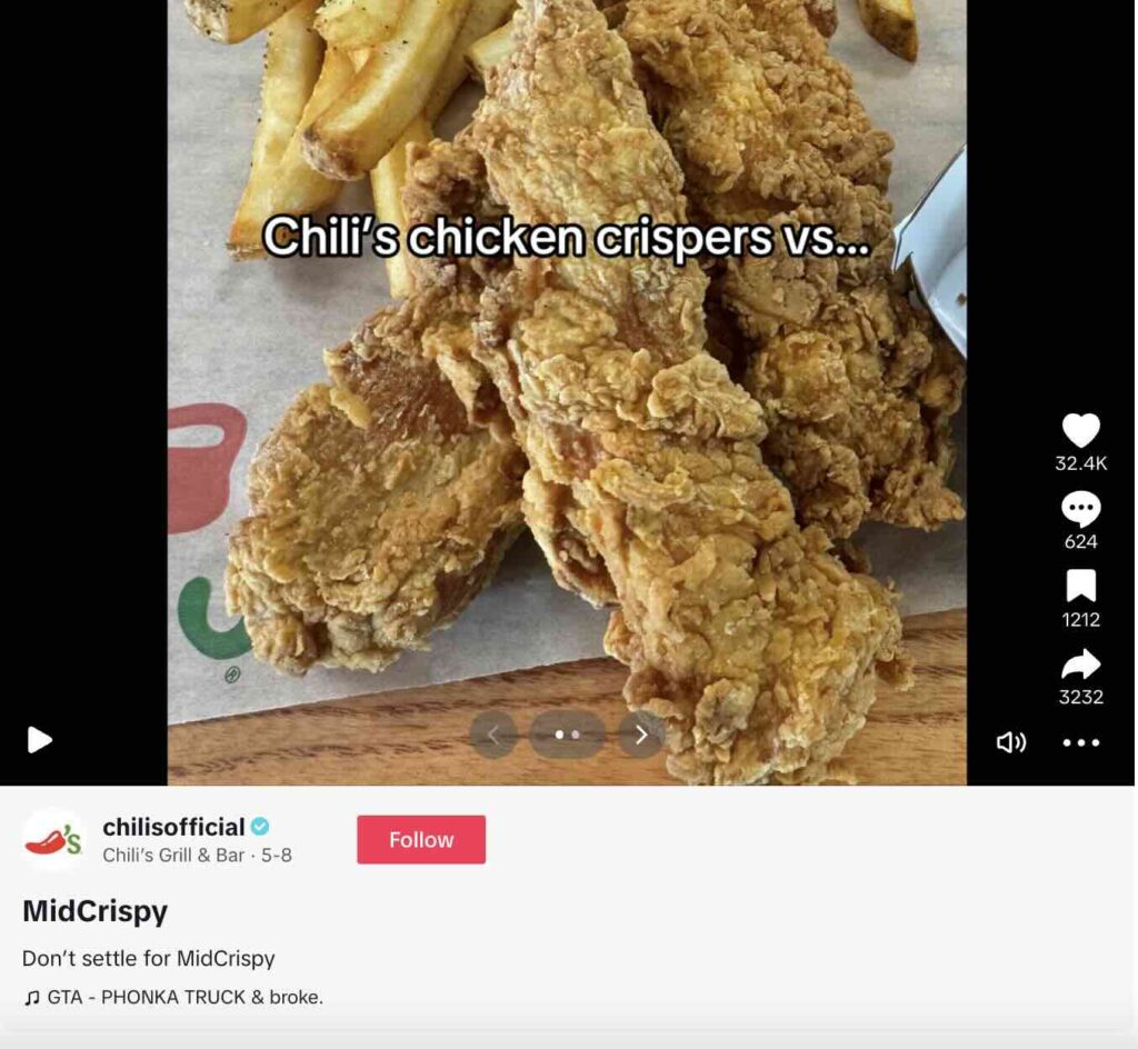 A TikTok from Chili's comparing their Chicken Crispers to "MidCrispy" chicken from a competitor