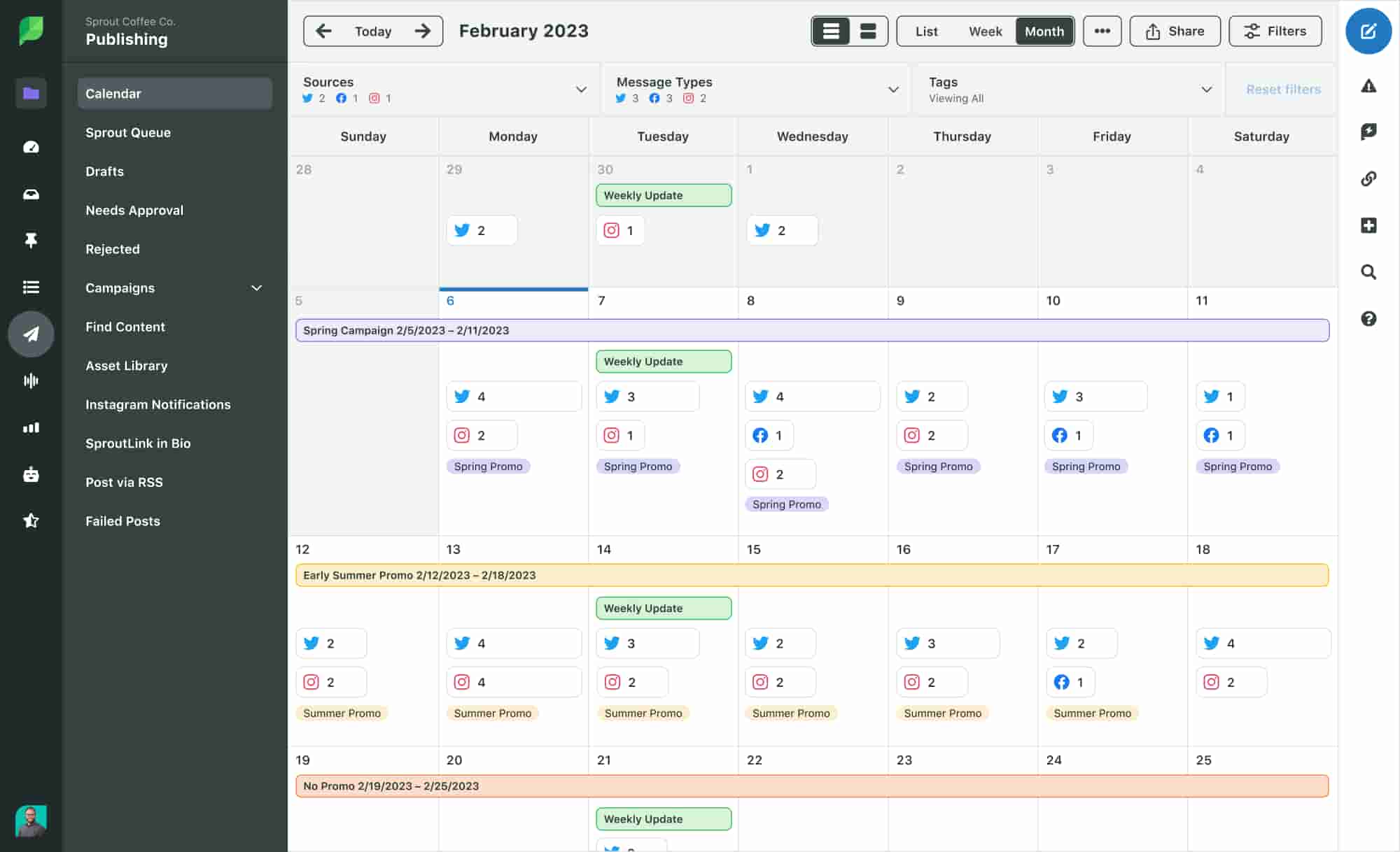 A Sprout Social Publishing dashboard view of a social media calendar for February 2023