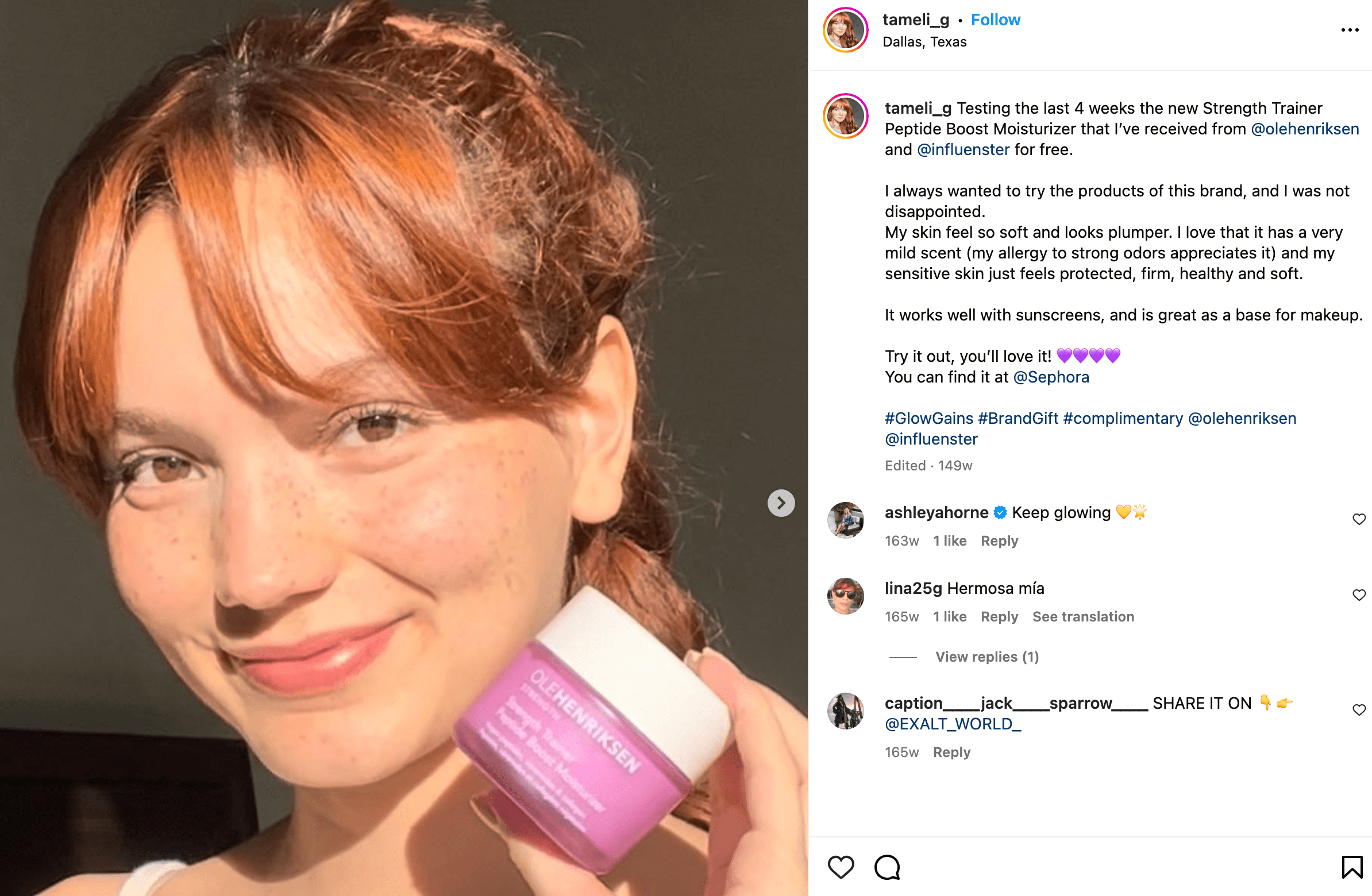 A creator holds up a free moisturizer product they received from a brand in an Instagram post