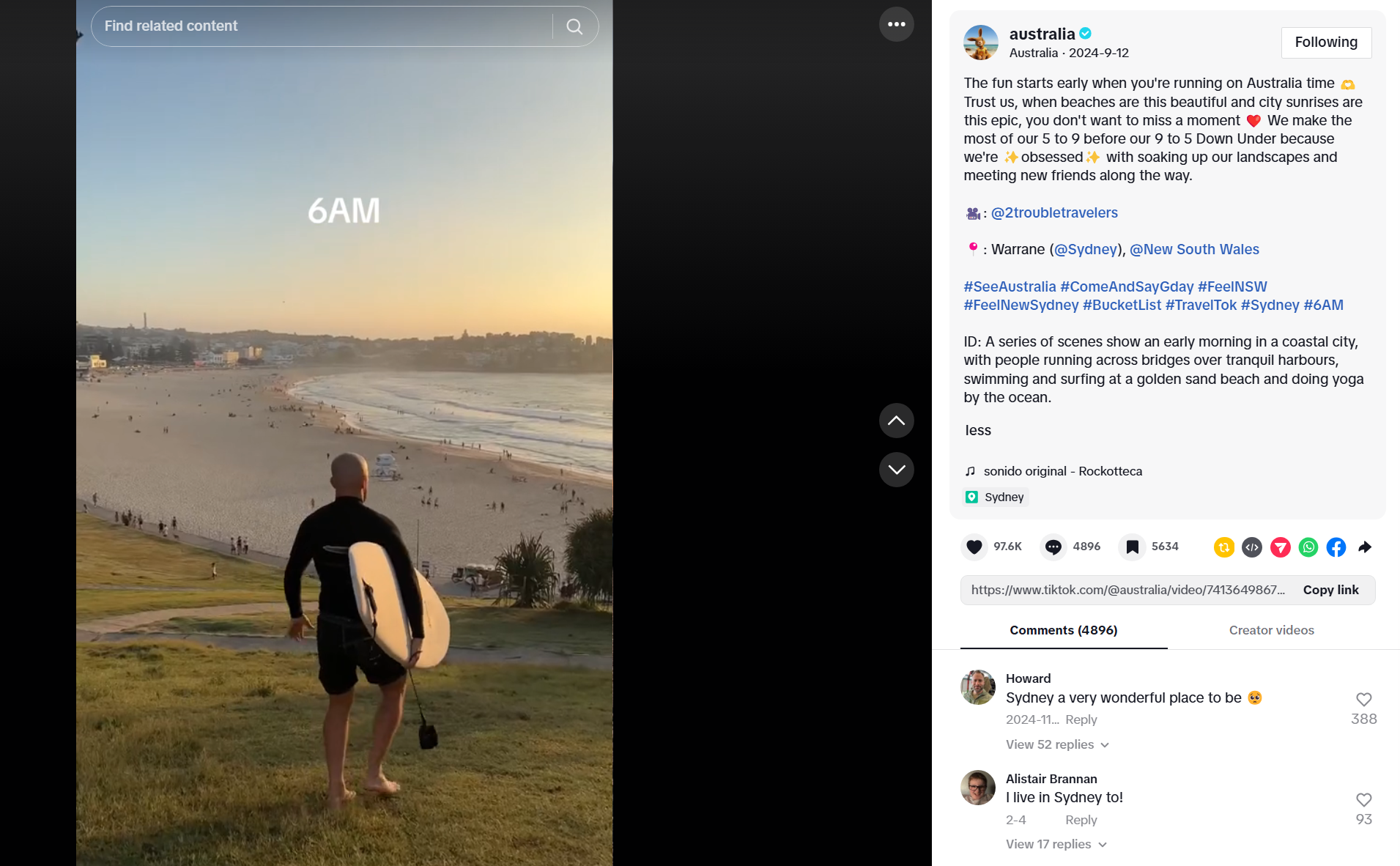 A TikTok post from the Australia account. The video shows a surfer carrying his board and heading down to Bondi Beach.