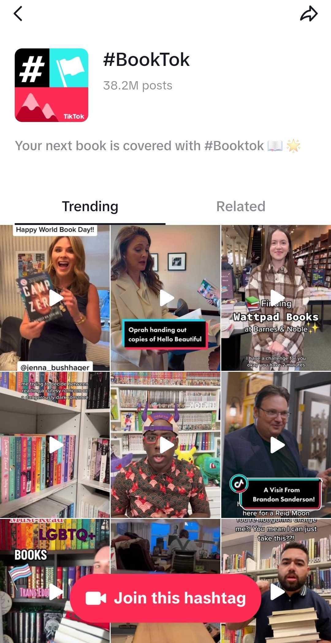 A screenshot of the #booktok hashtag results in TikTok