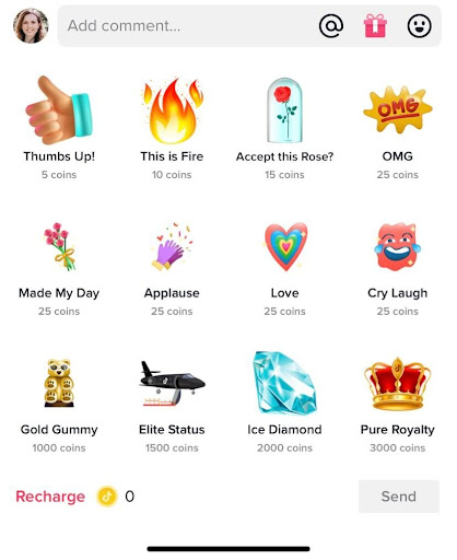 A screenshot of TikTok's digital currency options. 