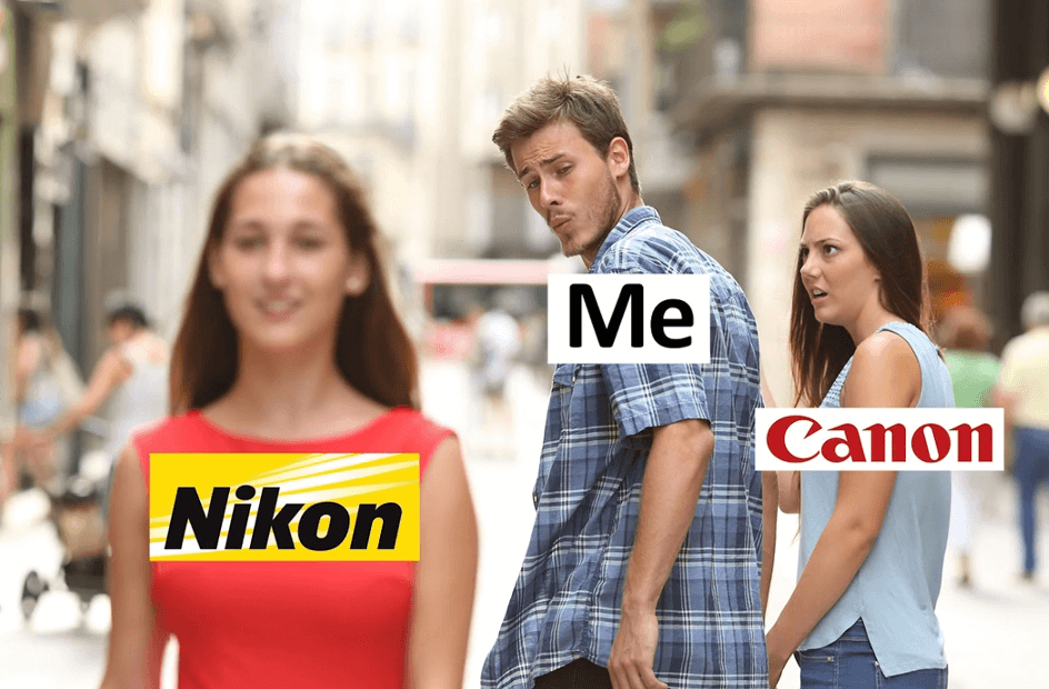 Distracted boyfriend meme about competing companies Nikon and Canon.