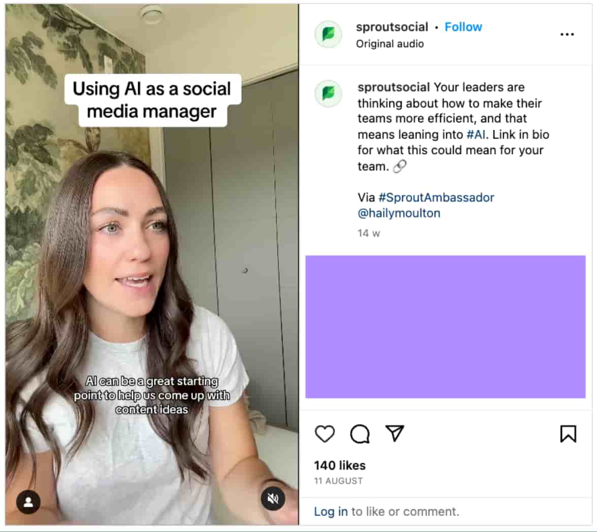 An Instagram post from Sprout Social reposting a reel on how to use AI as a social media manager.
