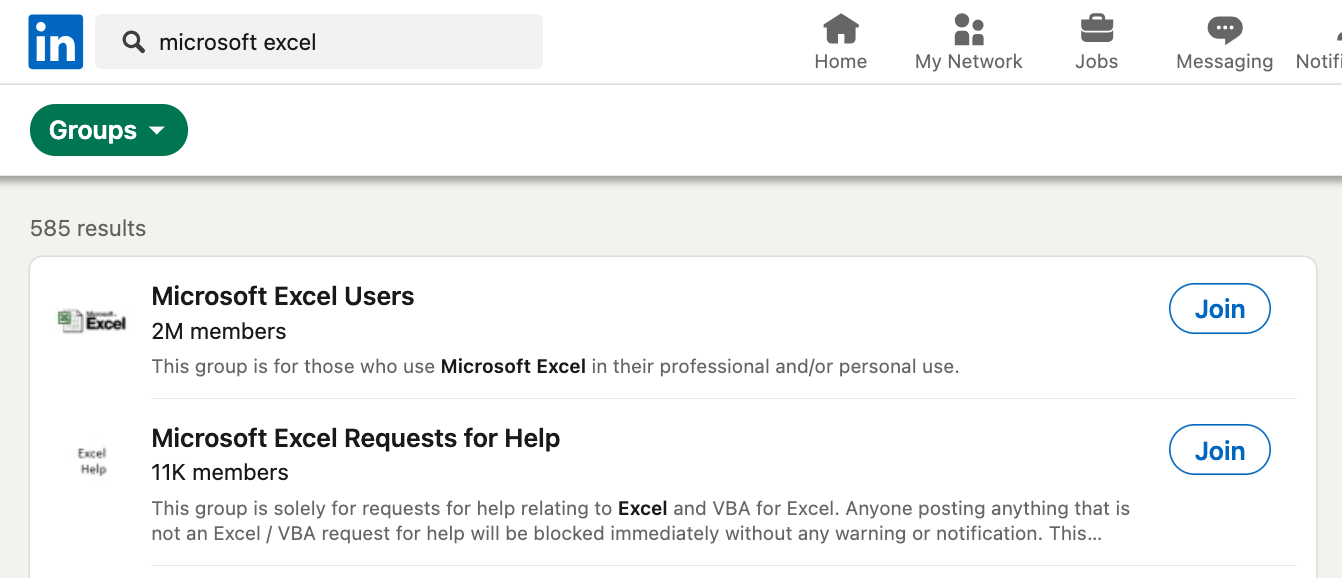 LinkedIn group search results for the keyword microsoft excel