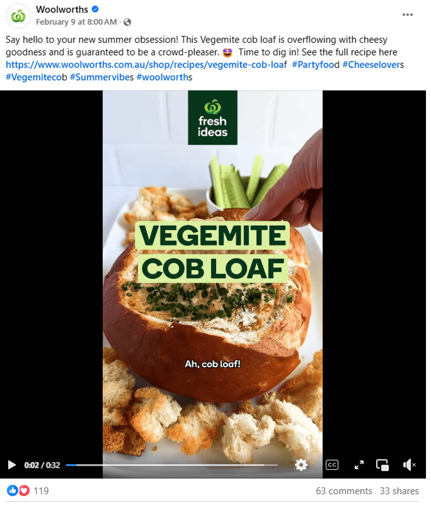 Woolworths Facebook post featuring a vegemite cob loaf.