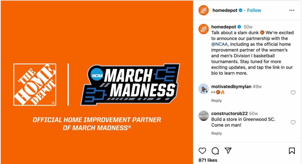 An Instagram post from Home Depot announcing their corporate sponsorship of the NCAA March Madness tournament