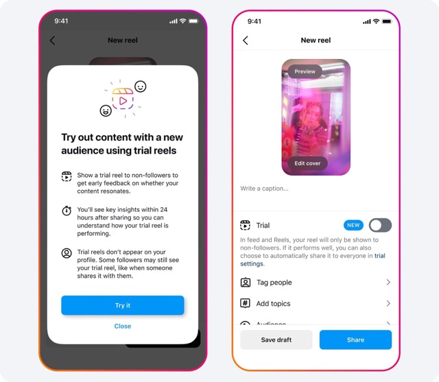 The Instagram Reels upload workflow, which now features a pop up banner encouraging users to try Instagram trial reels. To try the feature, a user must toggle on the trial feature.