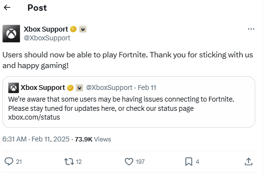 A post from Xbox account dedicated to customer support.