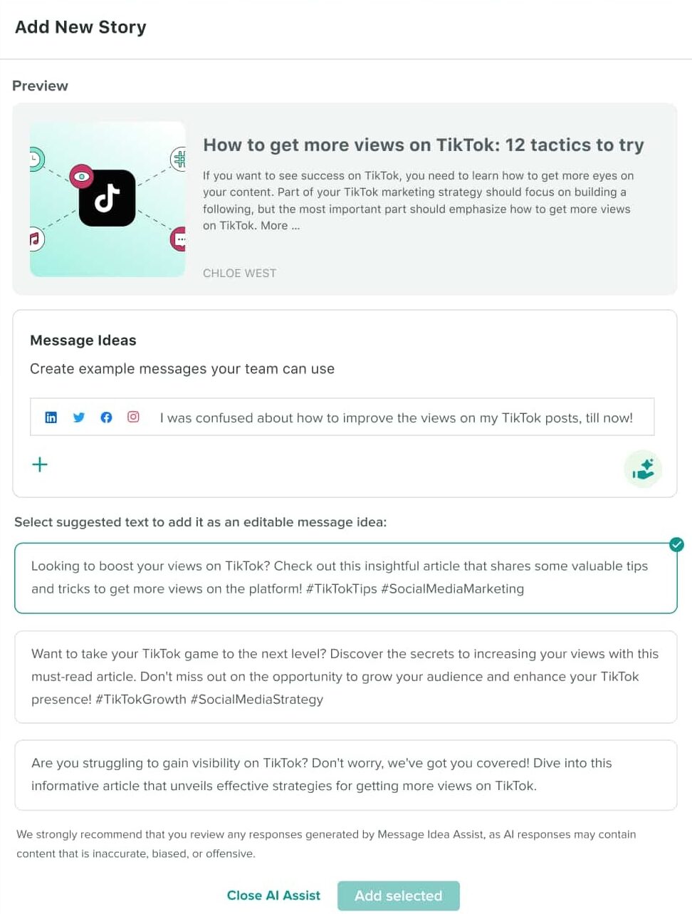 A preview of a new story being added in Employee Advocacy with several options for message ideas.