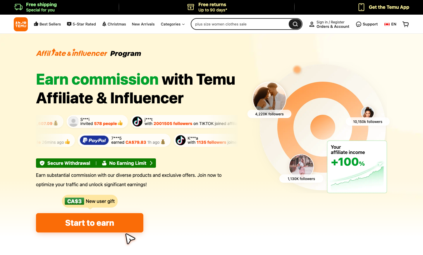 Temu’s affiliate influencer landing page.