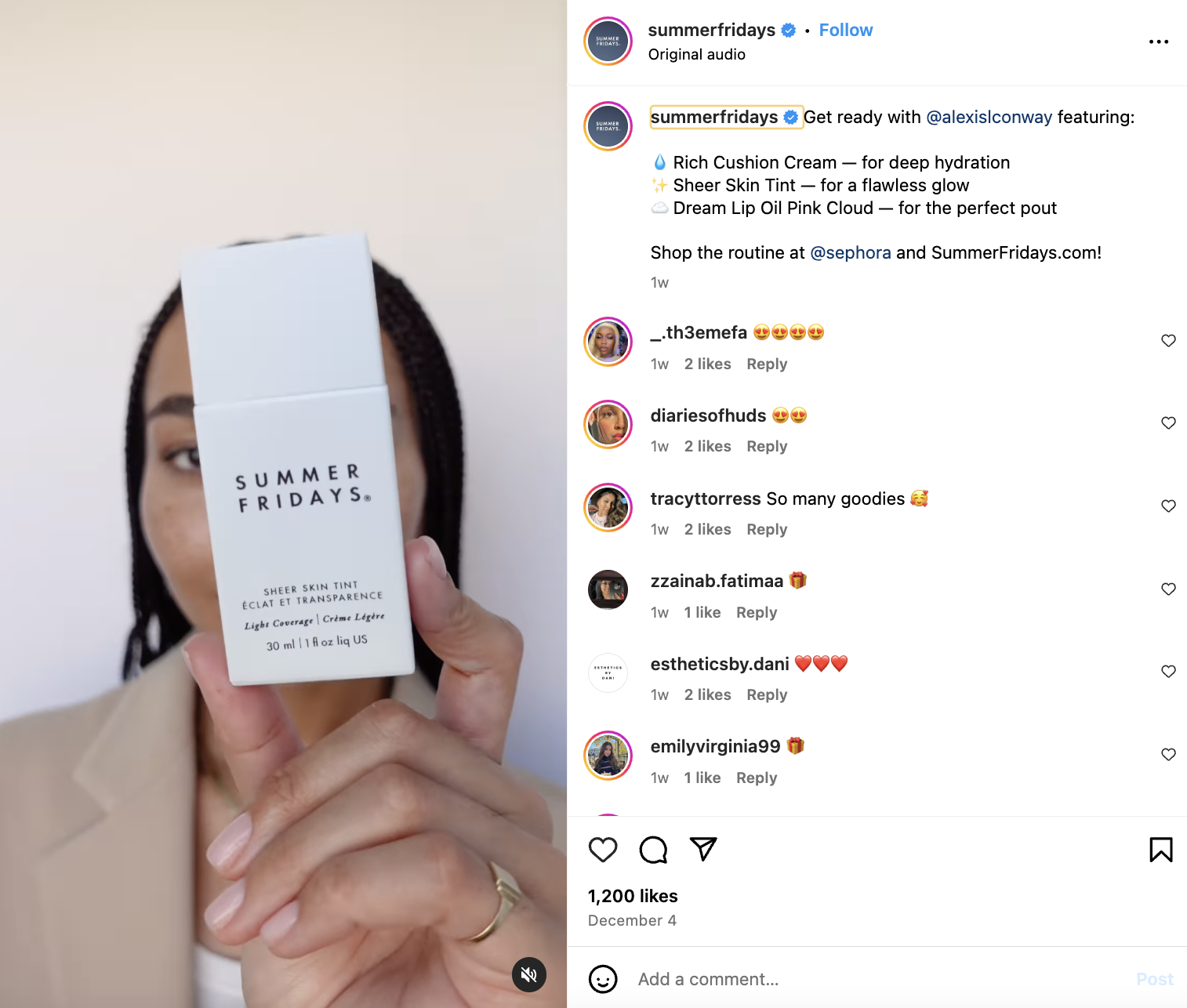 Instagram post from Summer Fridays featuring a person holding up a white bottle of the brand's product against the camera