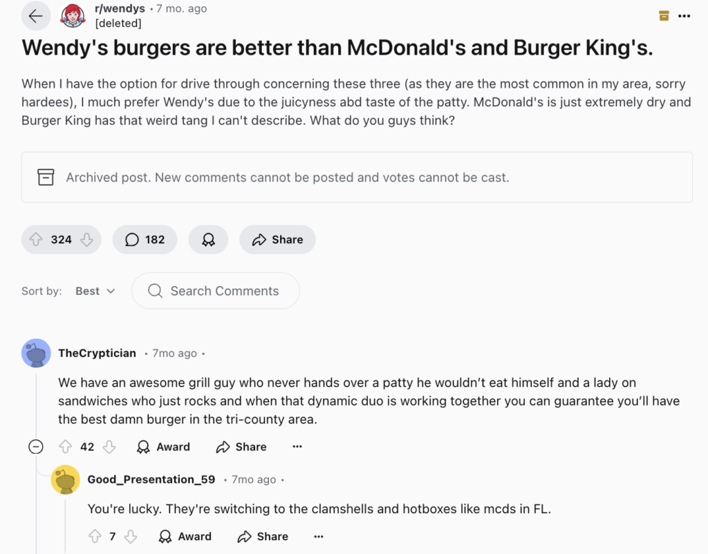 A Reddit thread where consumers are discussing their favorite fast foods