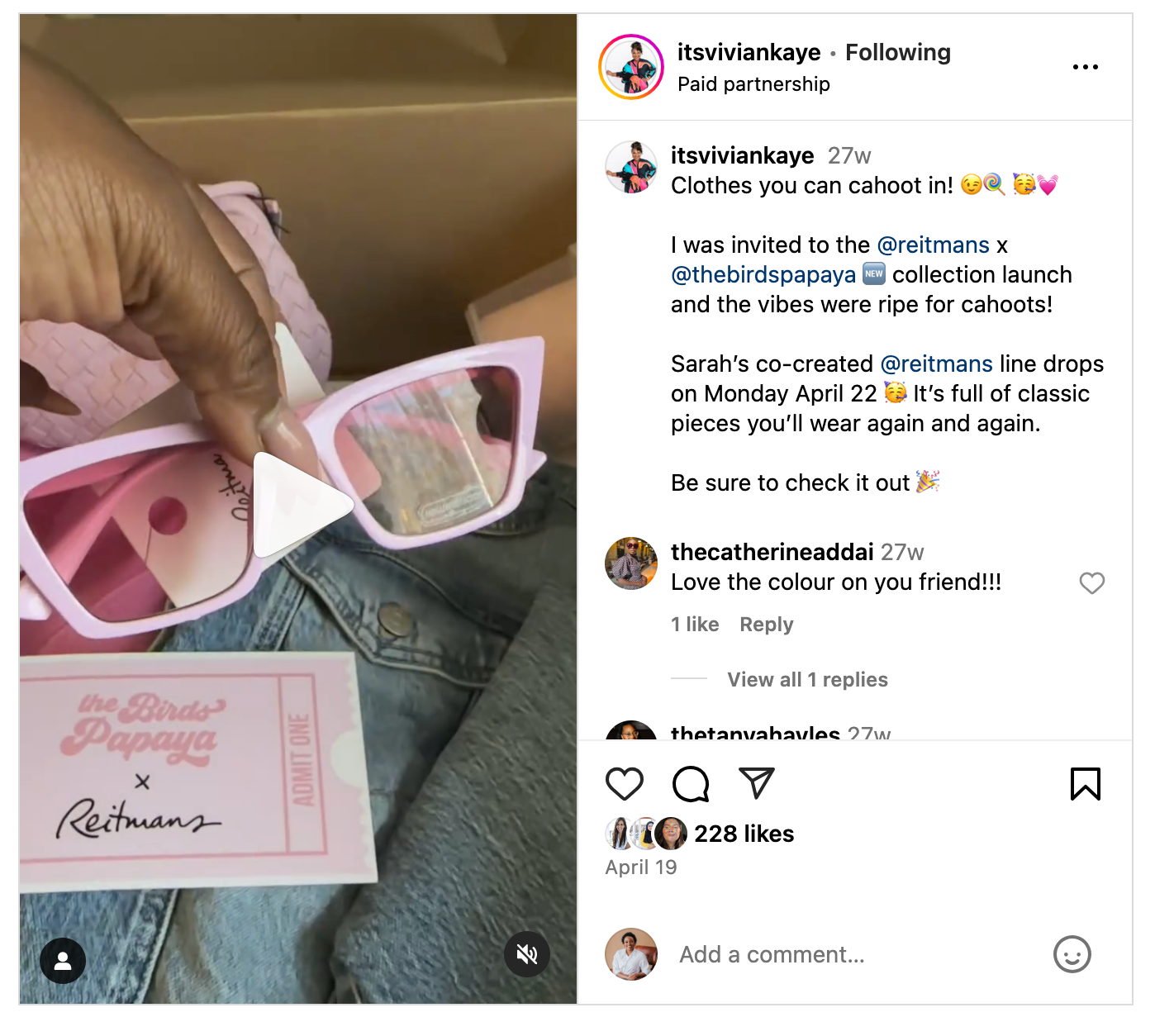 A branded partnership post on Instagram, featuring the ‘paid partnership’ label, posted by user @itsviviankaye