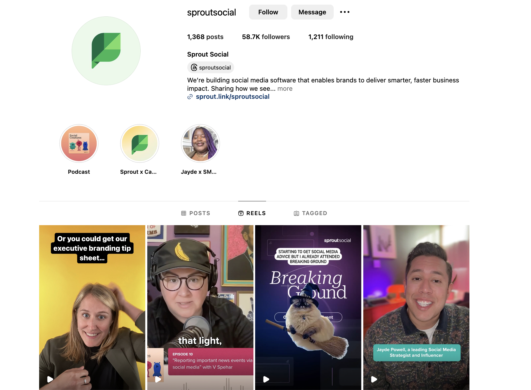Sprout Social’s most recent Reels on their Instagram profile. Four videos are shown. 