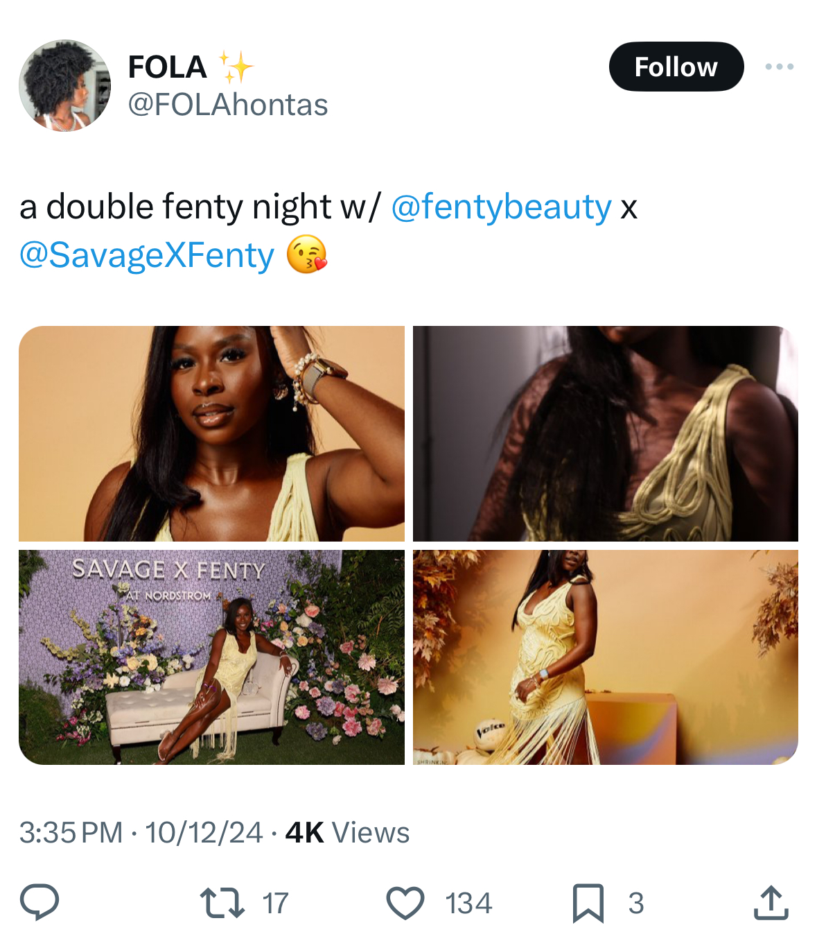 A post from an influencer with direct @-mentions for Fenty Beauty and Savage x Fenty. 