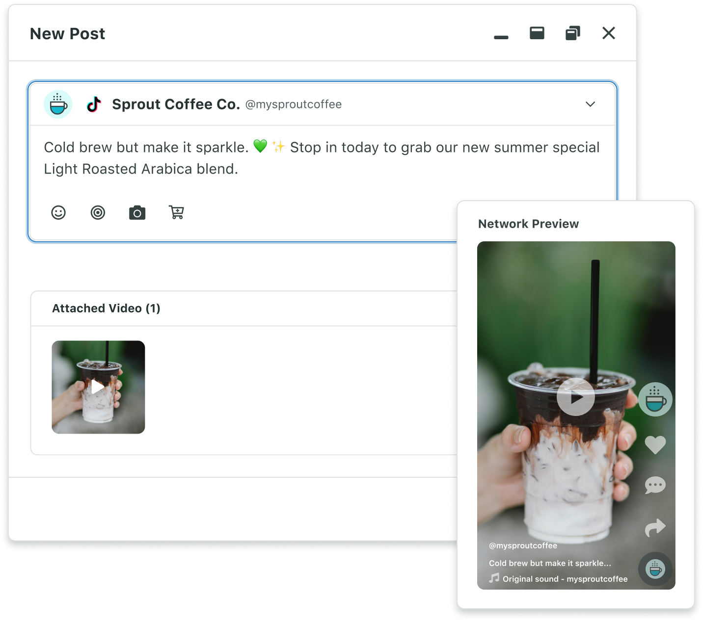 Compose window on the Sprout Social platform with a network preview for TikTok
