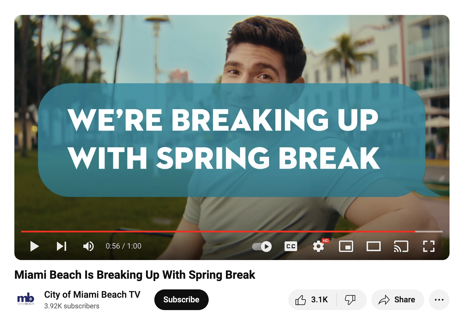 A still from a YouTube video by City of Miami Beach TV called "Miami Beach Is Breaking Up With Spring Break." 