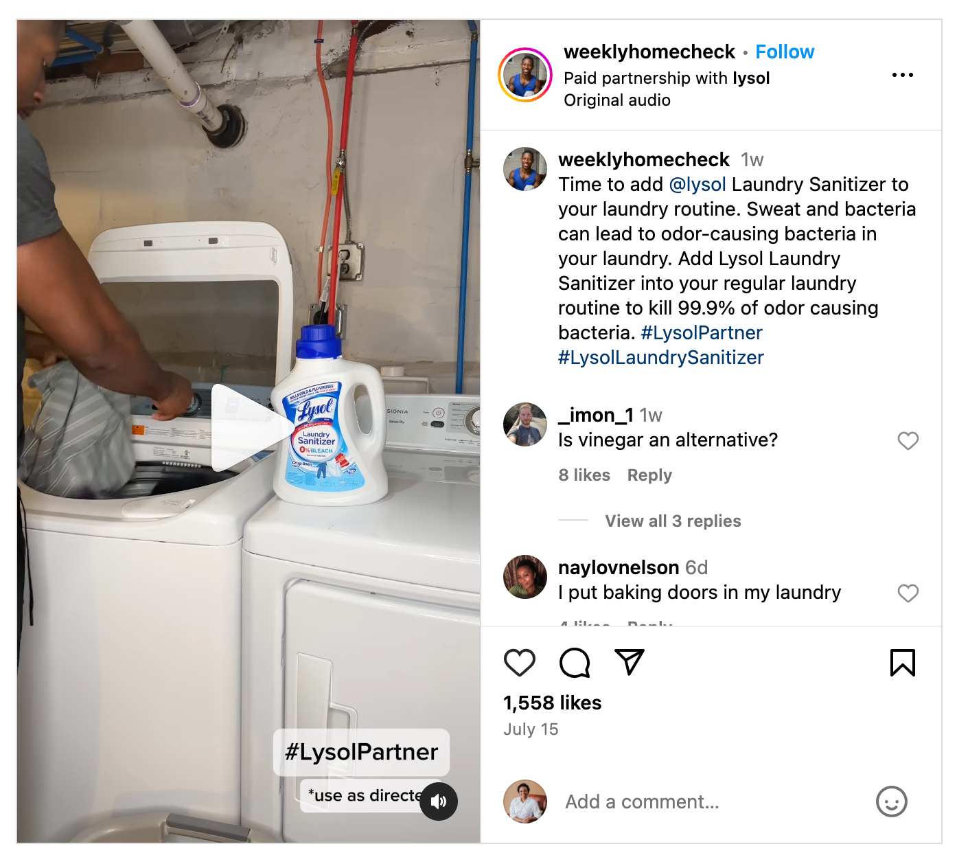 An Instagram Reel from influencer Kyshawn Lane (@weeklyhomecheck) for an influencer campaign partnership with Lysol.