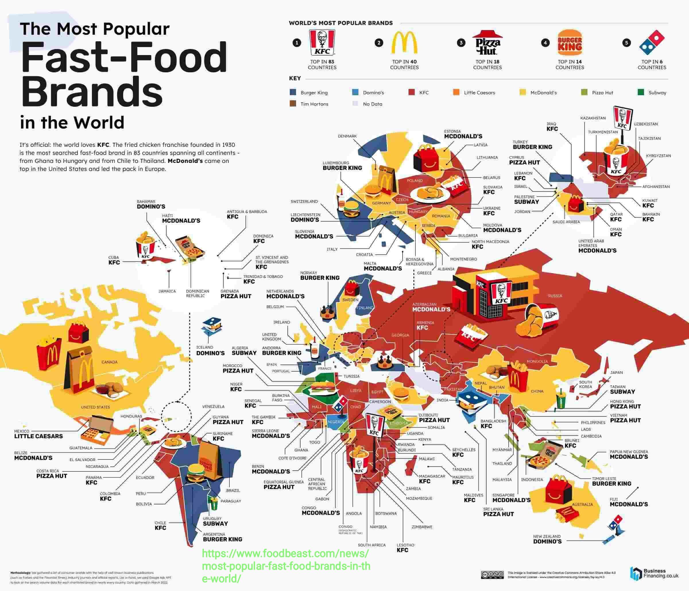 A map showcasing the reach of fast-food brands around the world, showing the scale of today’s international marketing opportunities