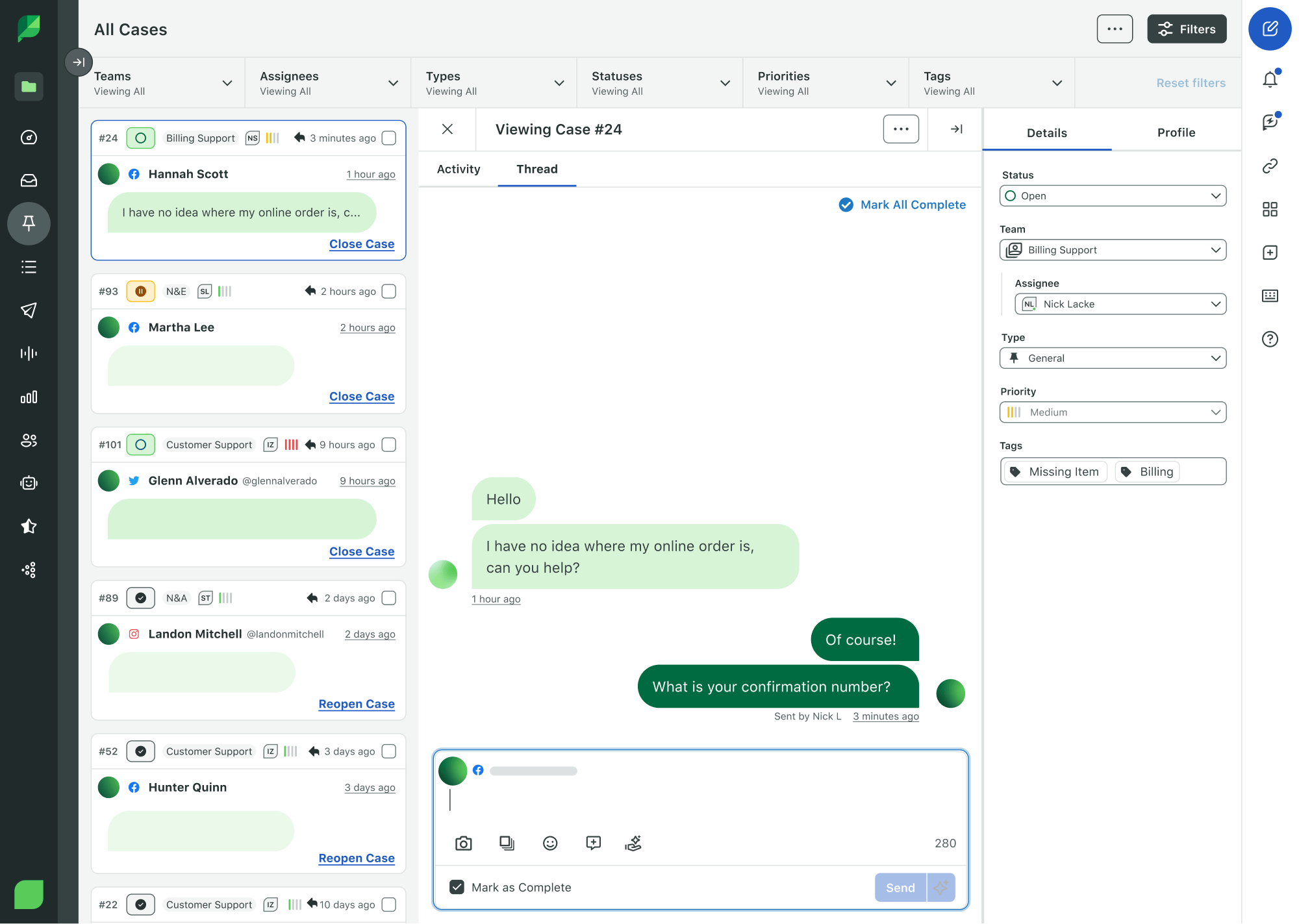 A screenshot of Sprout Social's customer case management software displaying a customer's message asking for help finding their order and a response from a customer service representative. The customer service representative asked for the customer's confirmation number in order to help them.