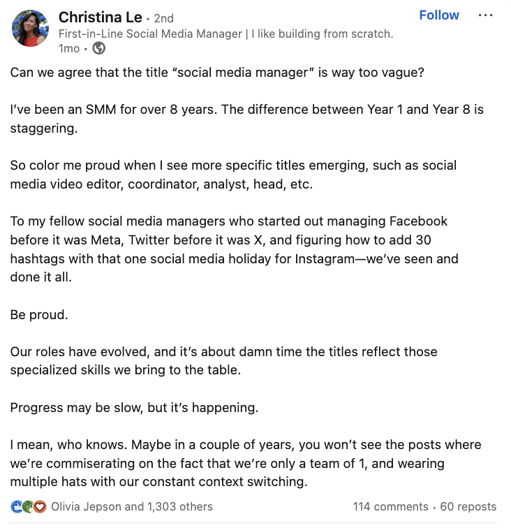 A LinkedIn post from a social media manager explaining how the role has changed over the past eight years, and how she's glad to see more specific titles emerging