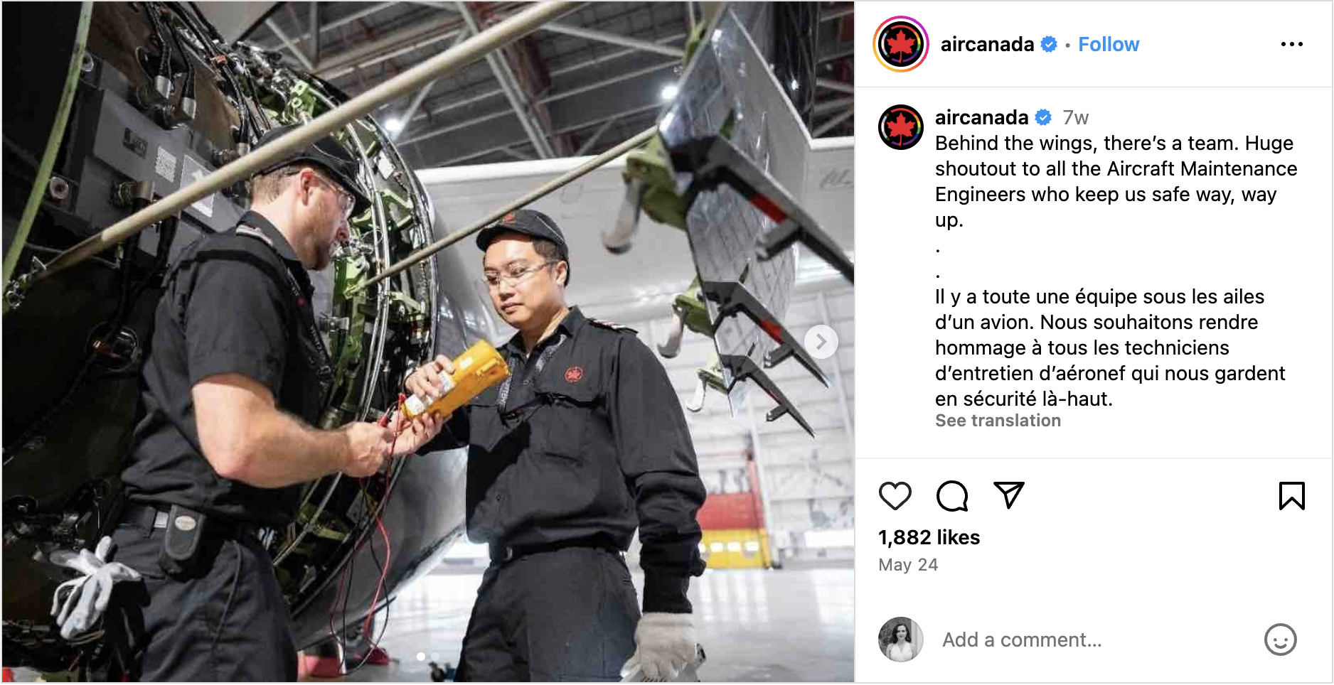 An Air Canada Instagram post featuring a photo of their aircraft maintenance engineers and a caption about their appreciation for the team