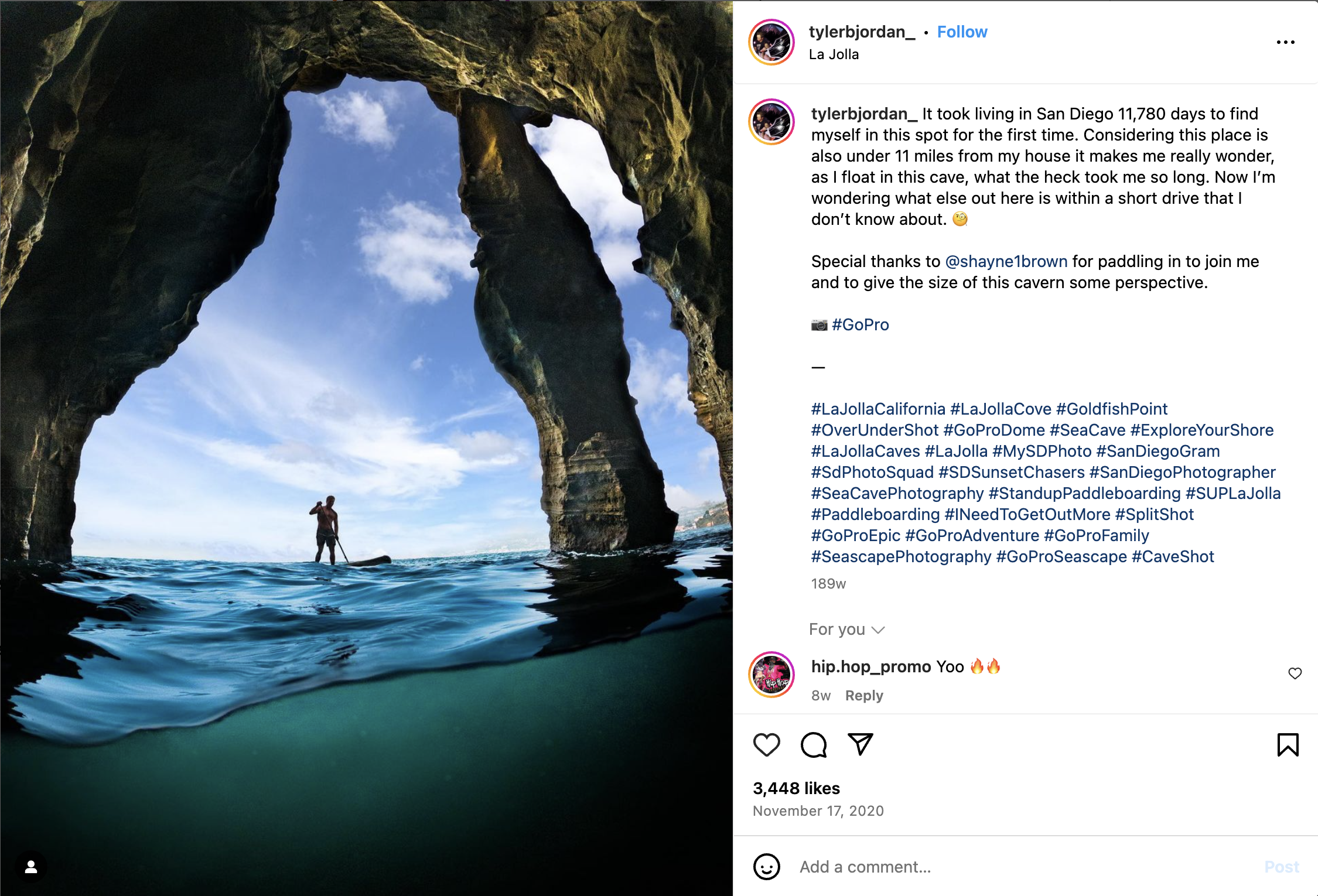An Instagram post of a man paddle-boarding. He is a Go Pro brand ambassador