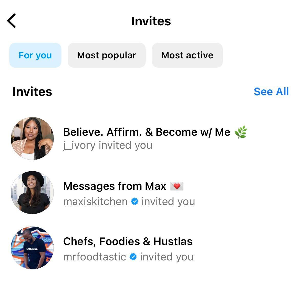 The Invites screen within Instagram notifications. Several broadcast channel invites are shown along with several tabs for the most popular and active channels.