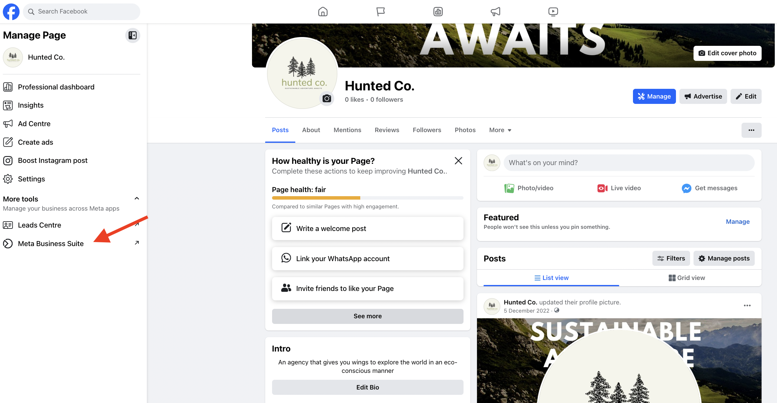 Facebook page with arrow pointing to the "Meta Business Suite" button on the left-hand panel