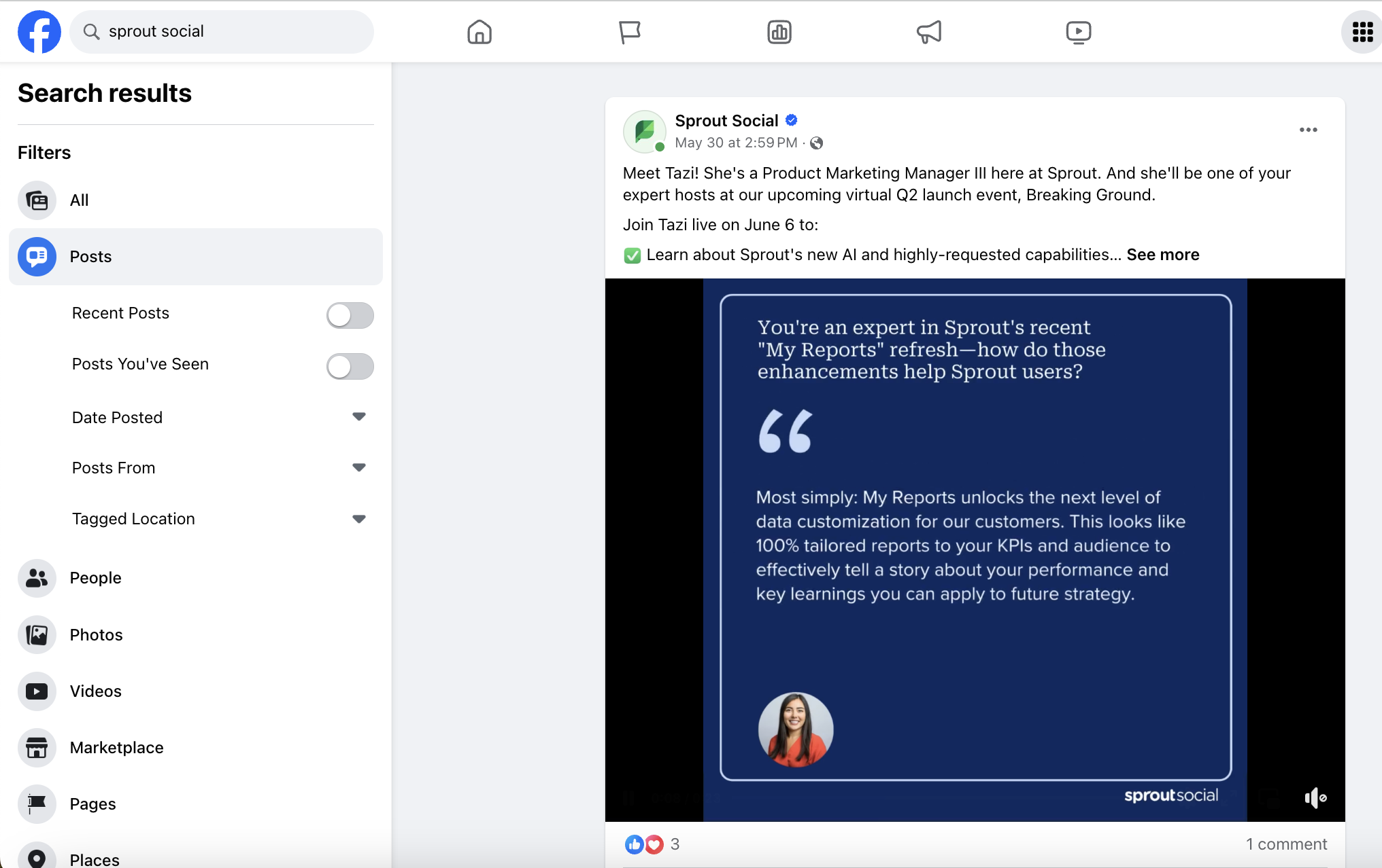 A Facebook search results page that shows posts that mention Sprout Social.
