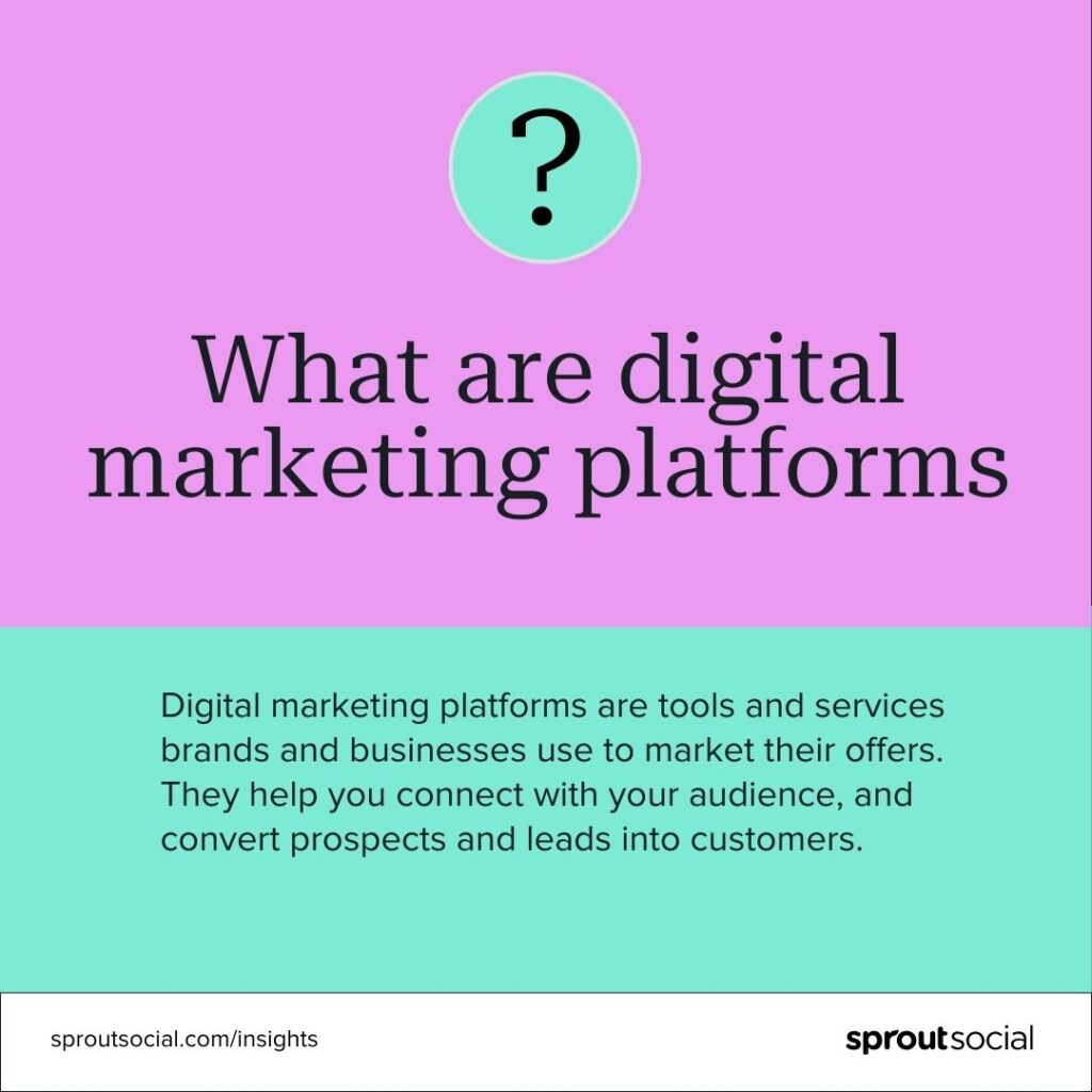 Callout card that says, Digital marketing platforms are tools and services brands and businesses use to market their offers. They help you connect with your audience, and convert prospects and leads into customers.
