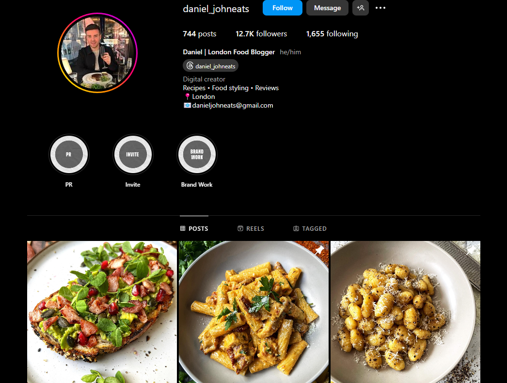 The top of Daniel’s Instagram feed, showing his follower count, highlights, and three posts of avocado toast and pasta.