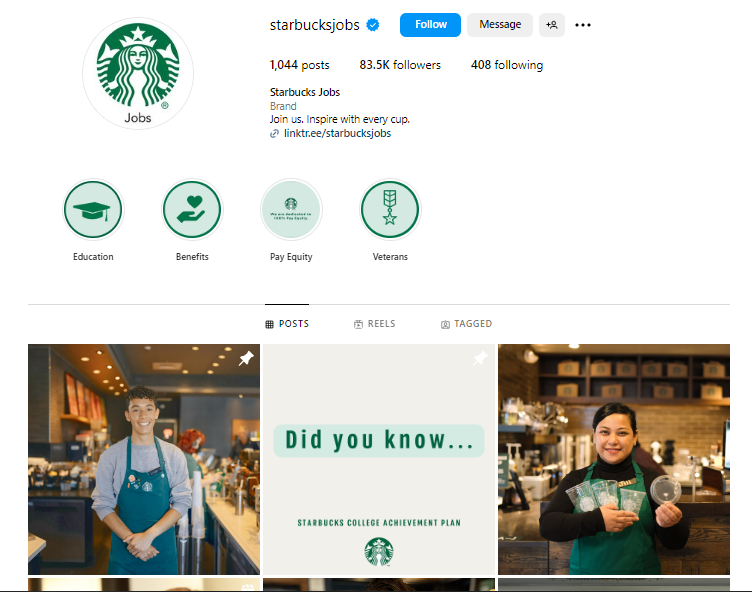 The Starbucksjobs Instagram account page, showing its many posts about employee experiences