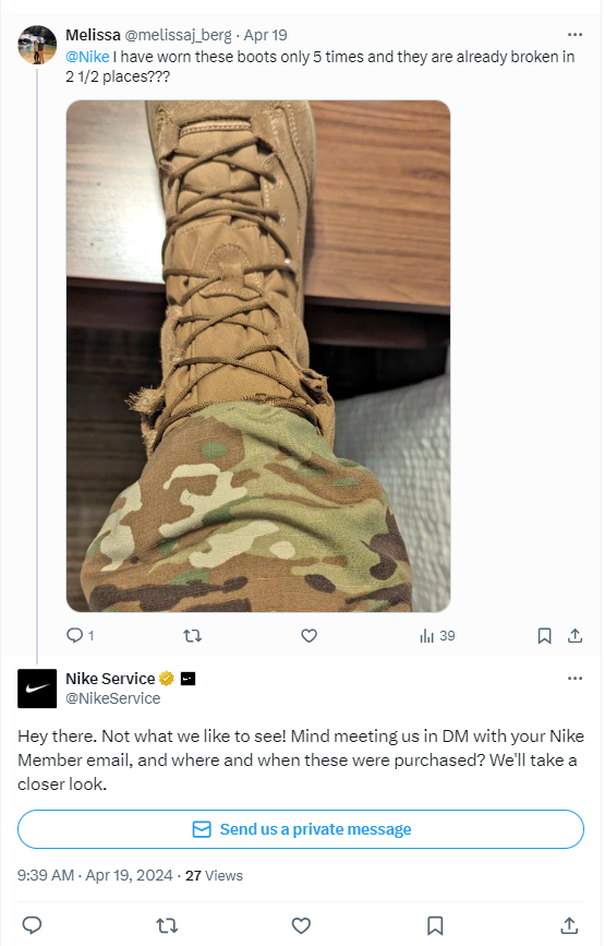 Example of Nike's customer service X account using conversational marketing to address a customer's concerns.