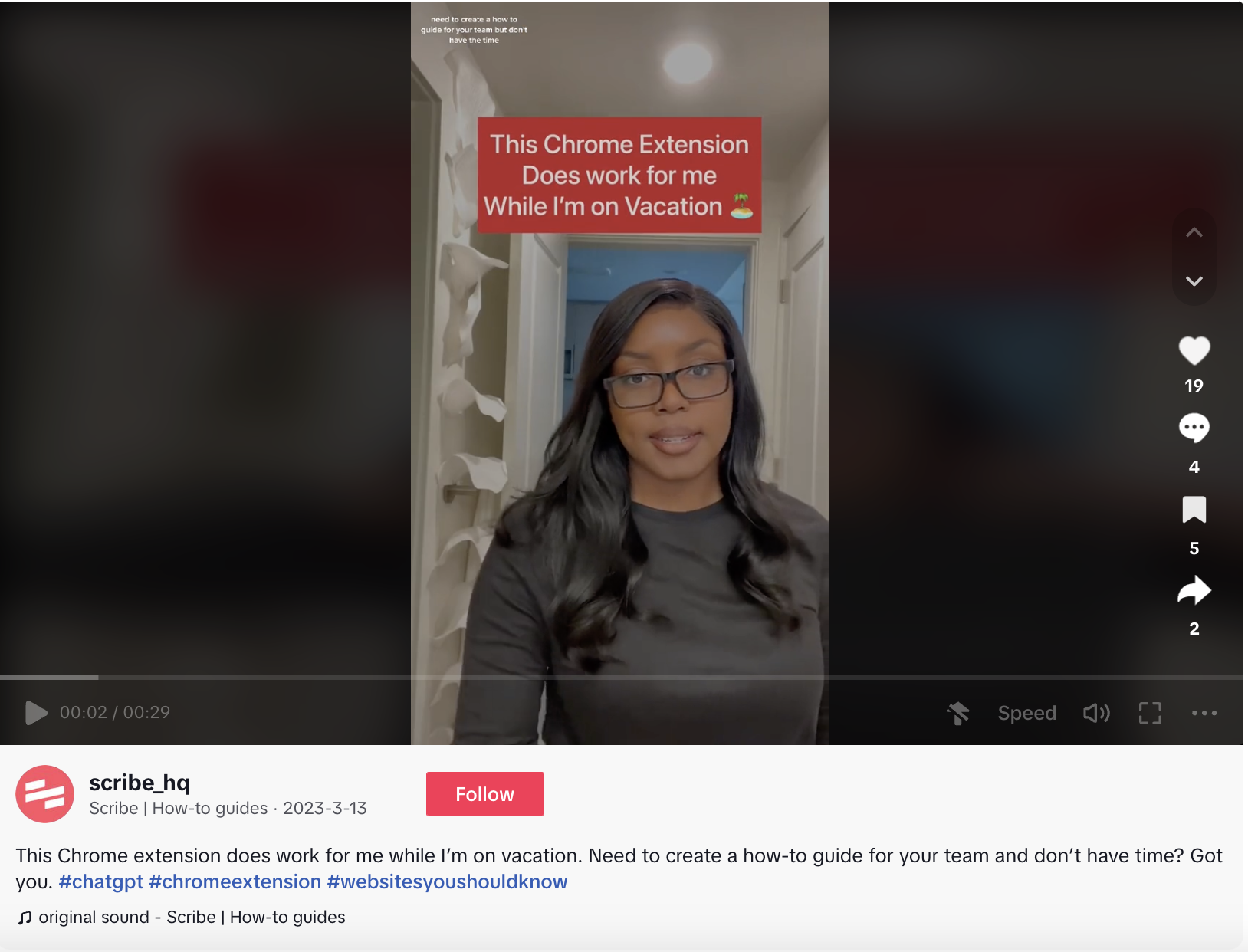 An influencer TikTok video reposted by Scribe that demonstrates how to use their browser extension