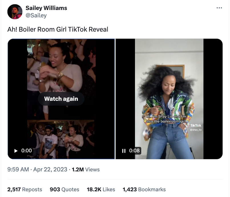A post talking about the reveal of "Boiler Room Girl." The post features clips of Shay Lia dancing at the Boiler Room circa 2013 and modern day.