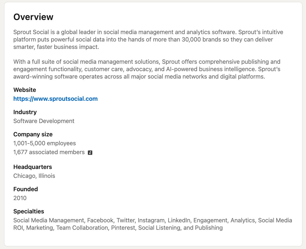 An example of Sprout Social's about page on LinkedIn.
