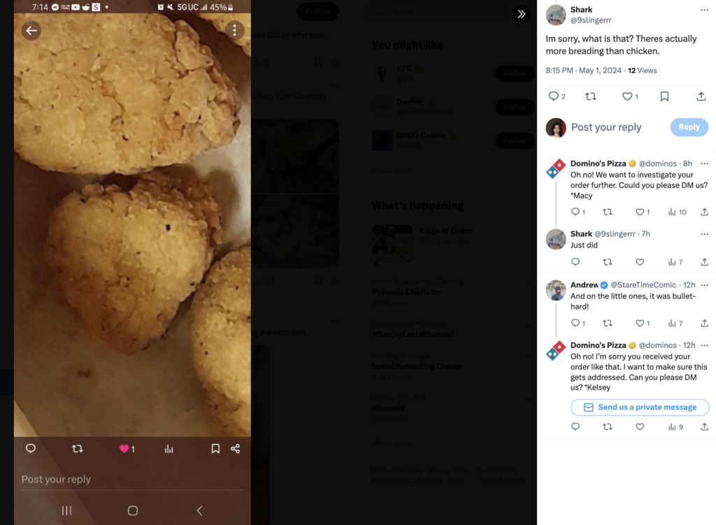 Domino's Pizza fielding customer service queries on X, formerly known as Twitter.
