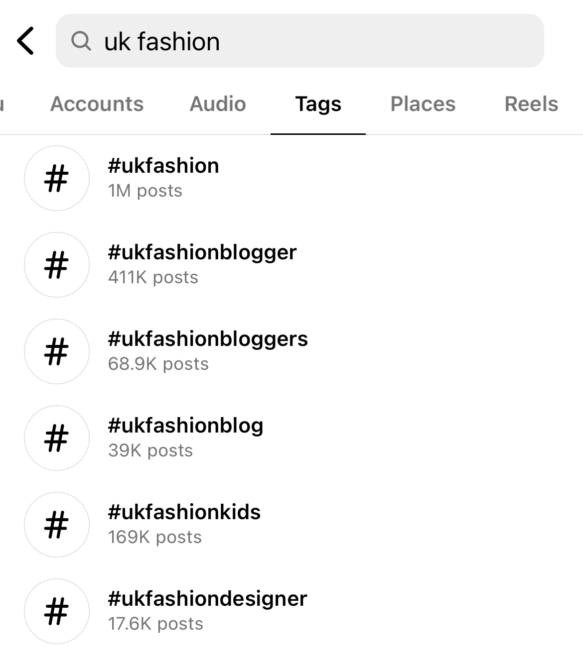 The tag search screen on Instagram featuring UK searches. 
