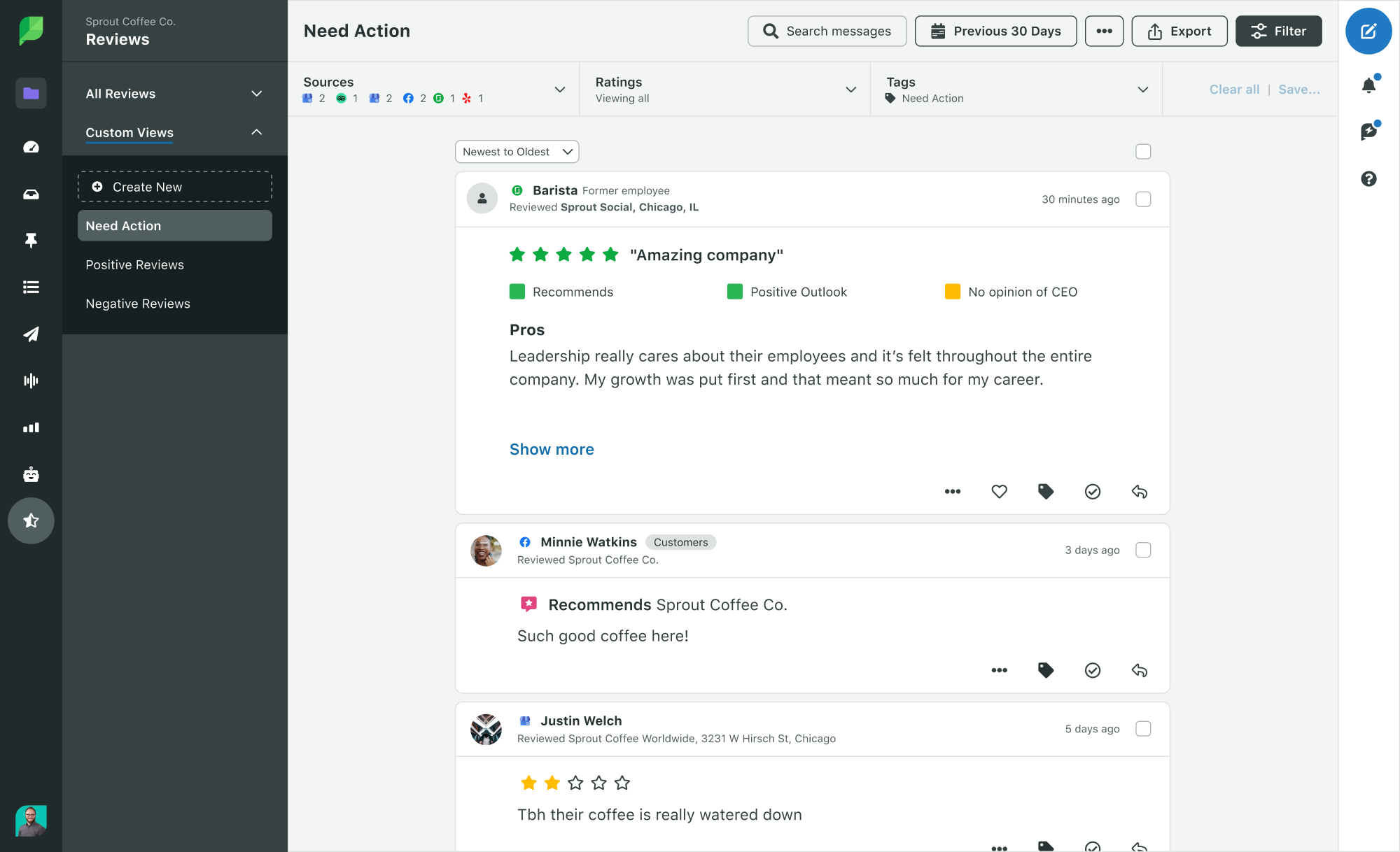 Preview of Sprout’s review management dashboard showing sources, ratings and tags.