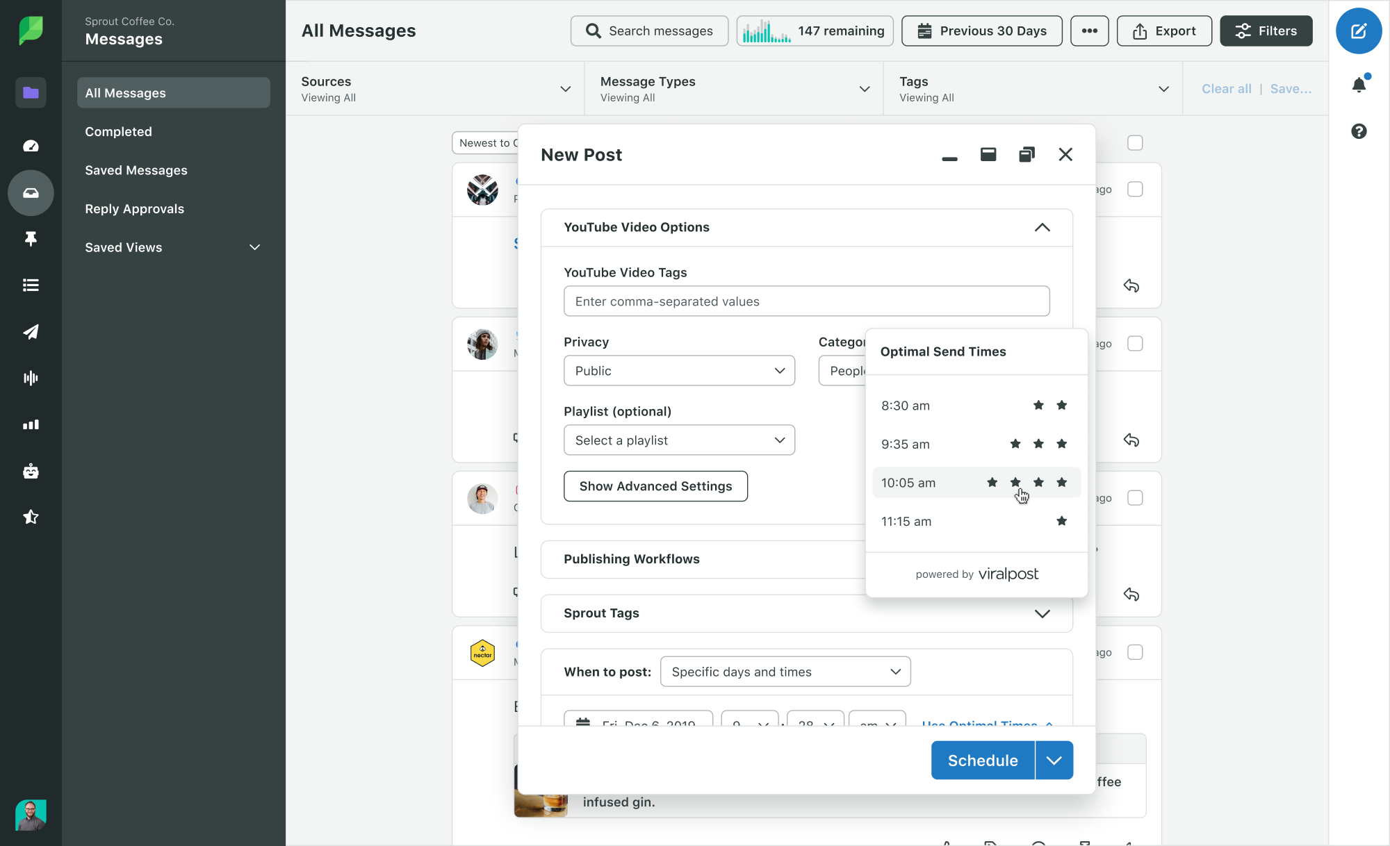 Preview of Sprout's scheduling and publishing workflow. An overlay for Optimal Send Times™ is shown.