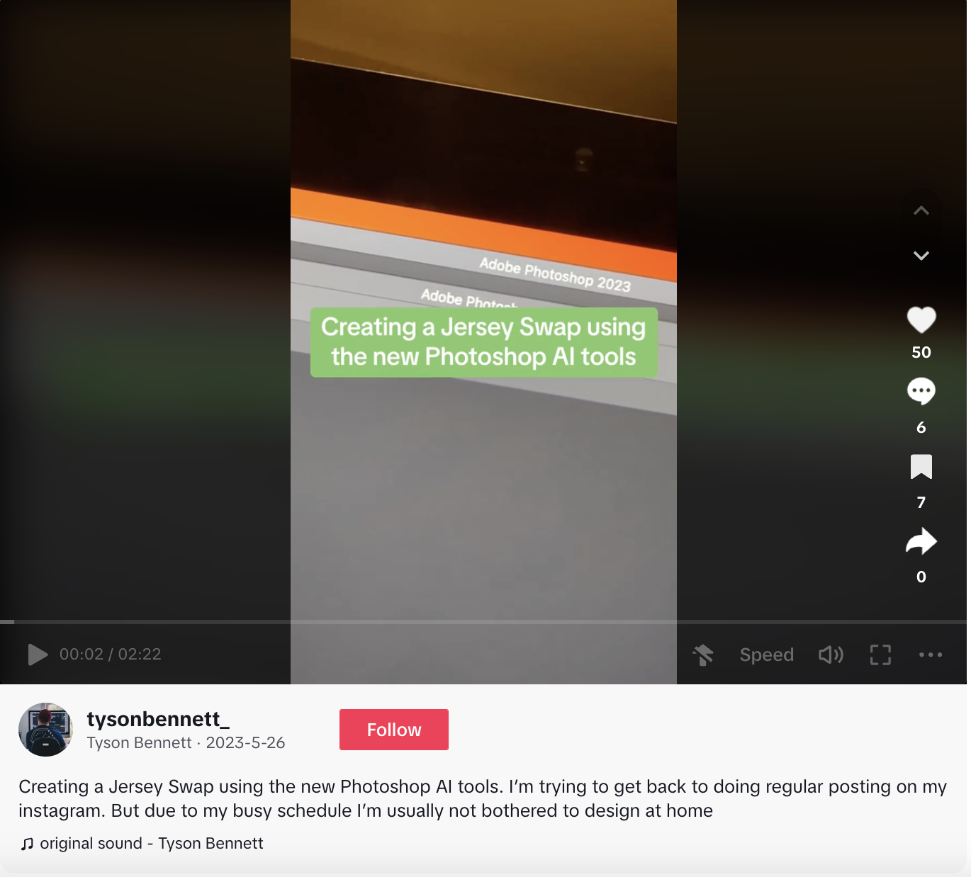 A screenshot of a TikTok video where a creator walks people through how to use AI Photoshop tools to swap players' jerseys
