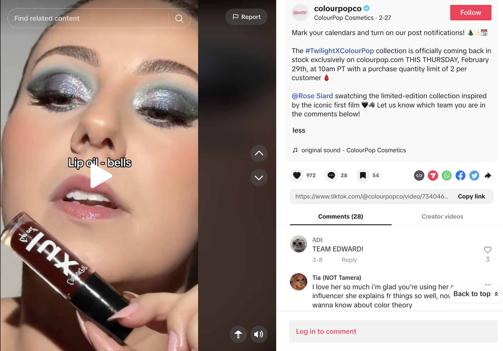 A TikTok video announcing a restock for the Twilight x Colourpop makeup collection. 