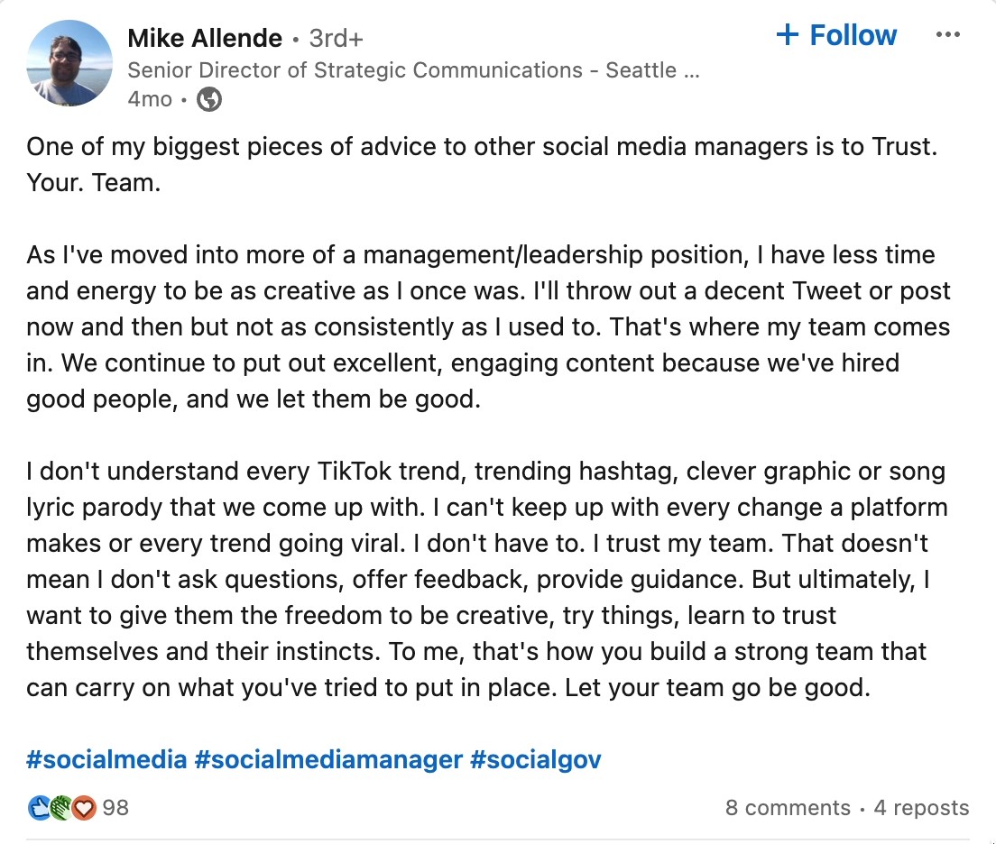 LinkedIn post from Seattle University's Senior Director of Strategic Communications, explaining the importance of trusting your social team's expertise.