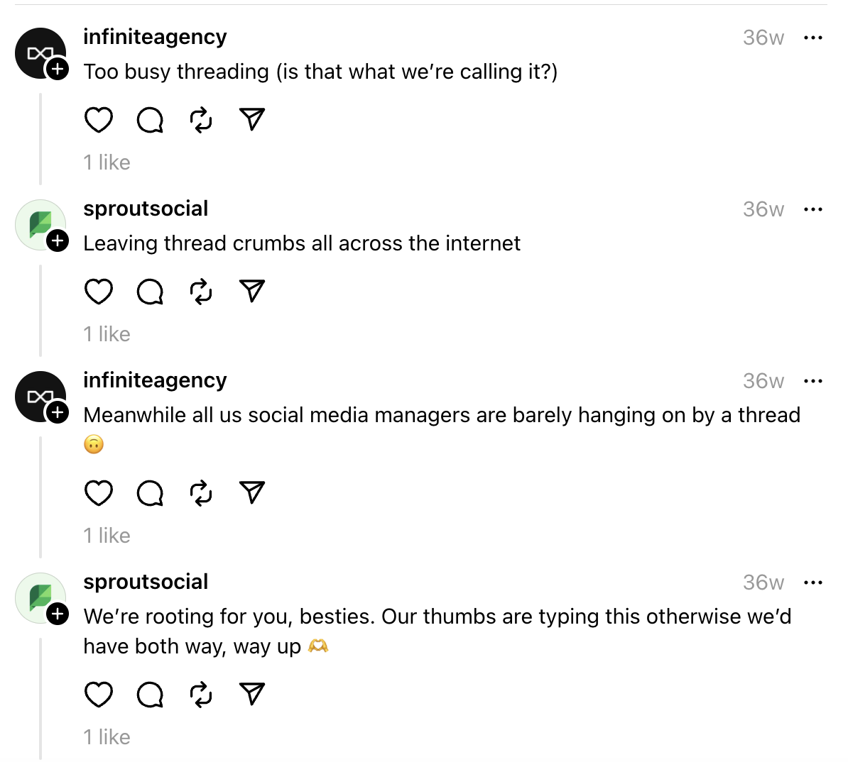 A Threads conversation between Infinite Agency and Sprout Social the week Threads was launched. The two brands are talking about the equal parts excitement and stress they felt about the new platform. 