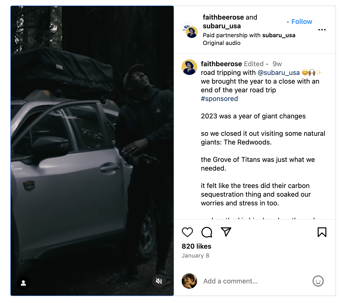 A screenshot of an Instagram Reel posted by creator Faith Briggs Rose, in partnership with Subaru.
