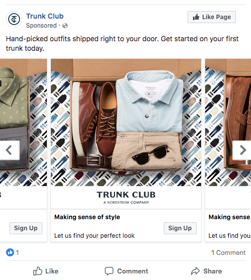Example of a Facebook carousel image ad by Trunk Club.